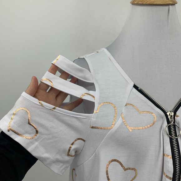 Noracora Top Womens L White Heart Cutout Cold Shoulder Zip V Neck Short Sleeves - Picture 3 of 14